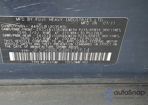 2011 Subaru Forester 2.5X from USA, damaged, VIN JF2SHBBC6BH772514